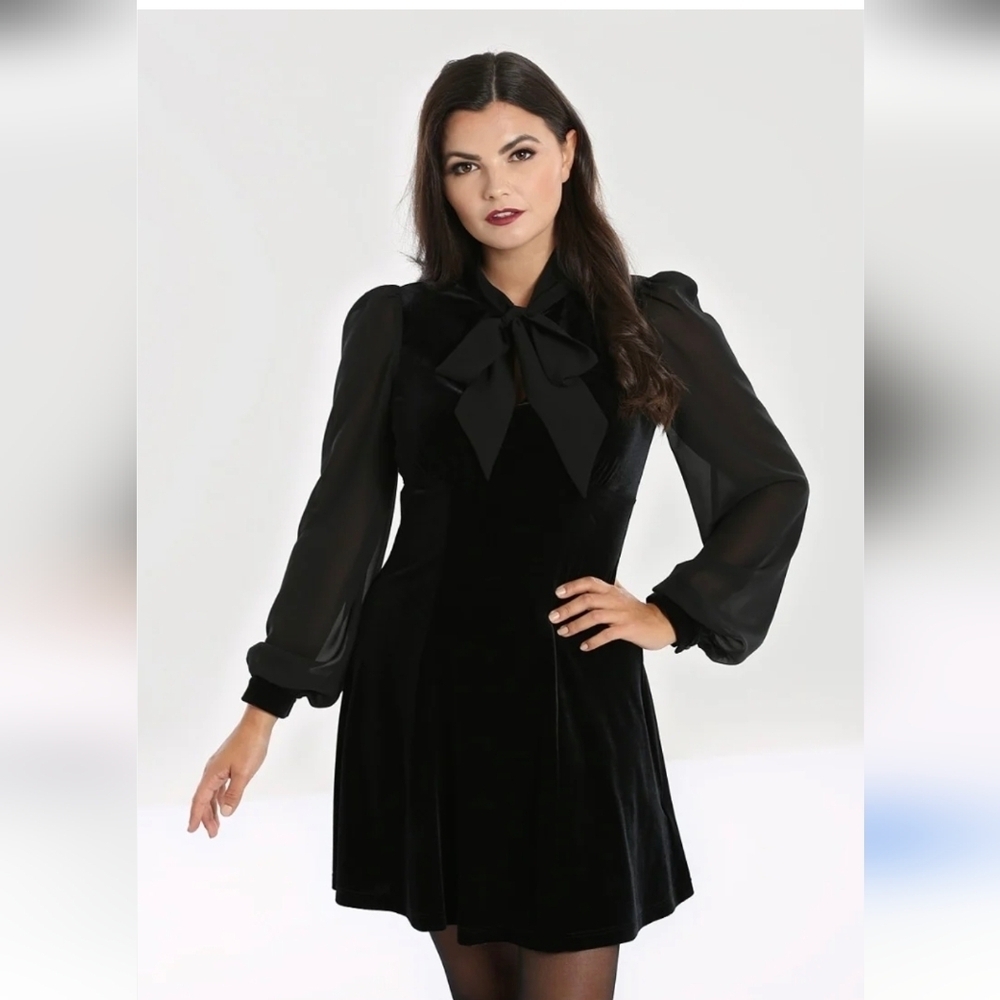 Womens HB Gabriella Mini Dress Black Velvet Chiffon Bow Goth Retro S/M